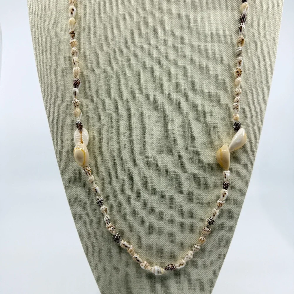 Natural Cowrie Seashell Station Long Necklace Coastal Beach Boho Jewelry Gift